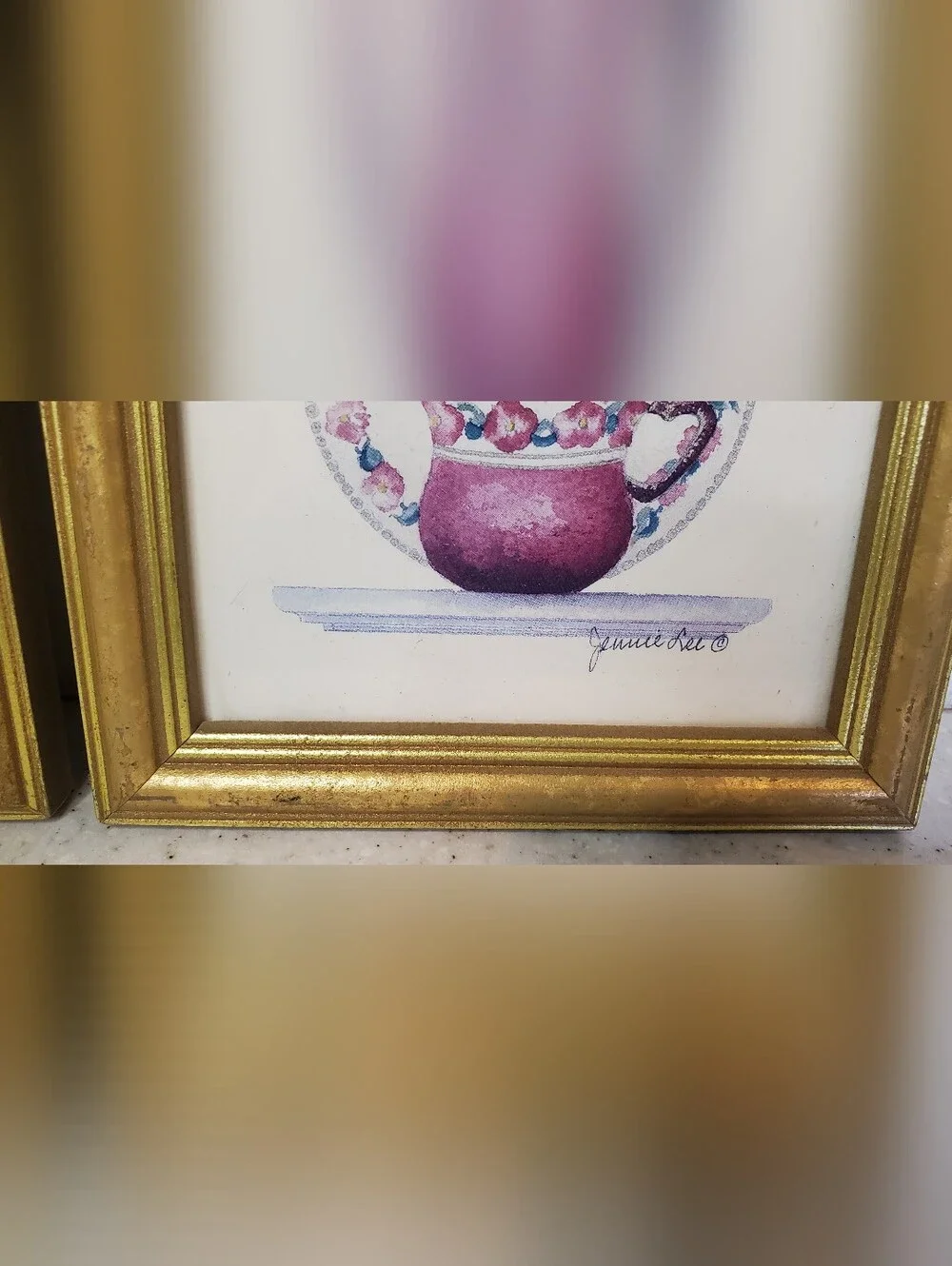 2 Jennie Lee Framed Teapot & Teacup Prints Gold Frames Cottagecore Grandmacore